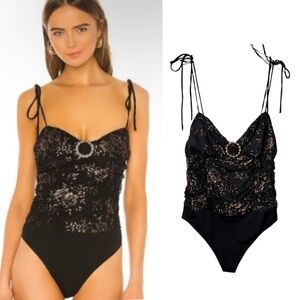Lovers + Friends Horn Black Lace Ruched Tie Strap Bodysuit Size S